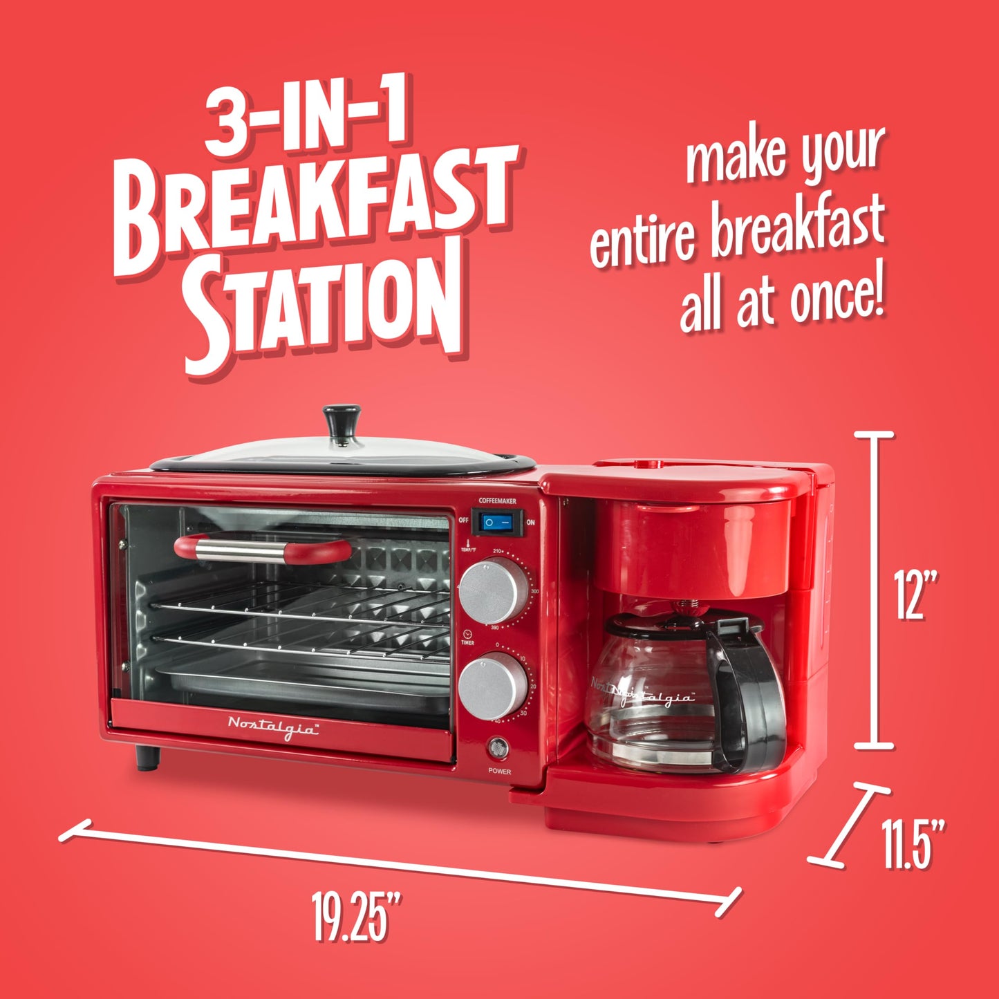 Nostalgia 3-in-1 Breakfast Station - Includes Coffee Maker, Non-Stick Griddle, and 4-Slice Toaster Oven - Versatile Breakfast Maker with Timer - Aqua