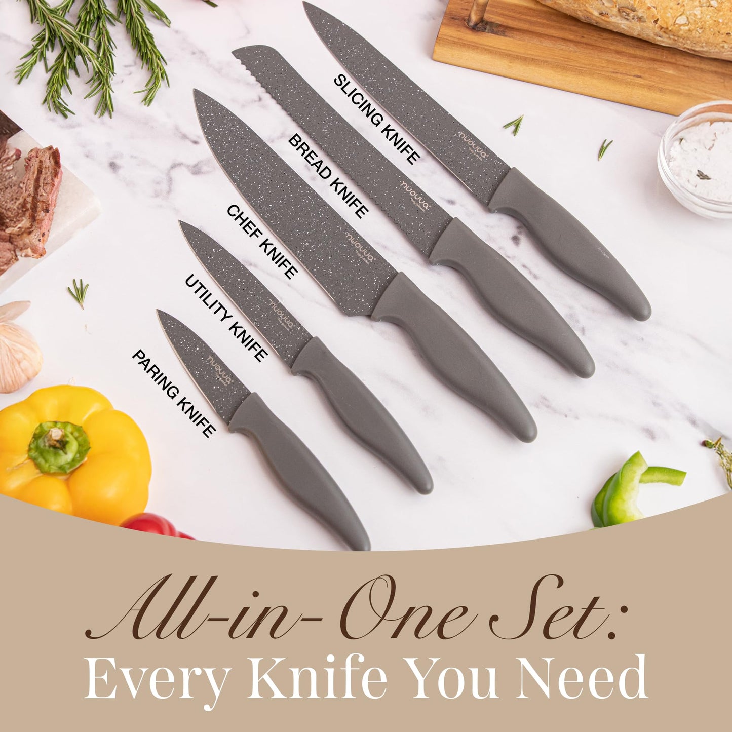 nuovva Professional Kitchen Knife Set – 5Pcs Stainless Steel Grey Granite Knife Set - Sharp & Non Stick Blades Lightweight – Chef, Bread, Utility, Filleting & Paring Tools