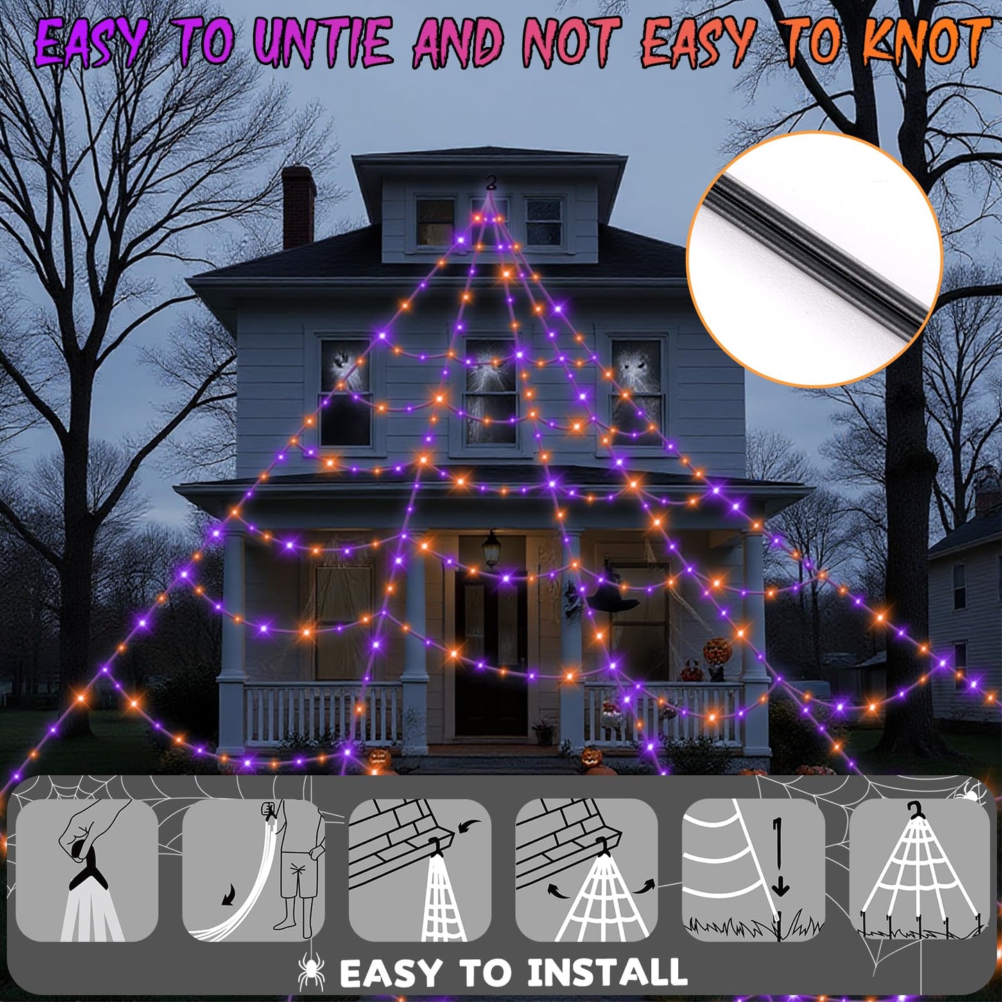Halloween Decorations Outdoor Spider Web Lights - 550 LEDs Purple and Orange Remote Control Timer Plug in Giant Halloween Decor Cobwebs - 11 Modes Lighting Waterproof Yard Garden Party Decorations