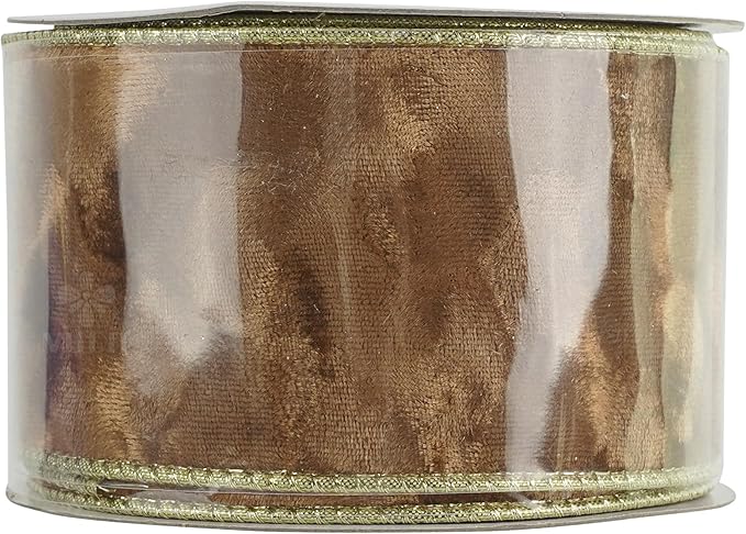MEEDEE 2-1/2 inch Brown and Gold Velvet Ribbon 10 Yards Spool Two Tone Wired Ribbon for Christmas Tree, Gift Wrapping, Thanksgiving Wreaths, Fall Velvet Bow, Crafts Supply, Seasonal Decorations