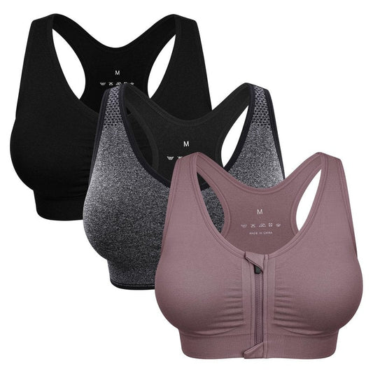 Women's Zip Front Sports Bra Wireless Post-Surgery Bra Surgical Bra Racerback Sports Bras Post Mastectomy Bra Workout Running Active Fitness Bras 3 Pack (Large, 3 Pack(Black+Grey+Light Purple))