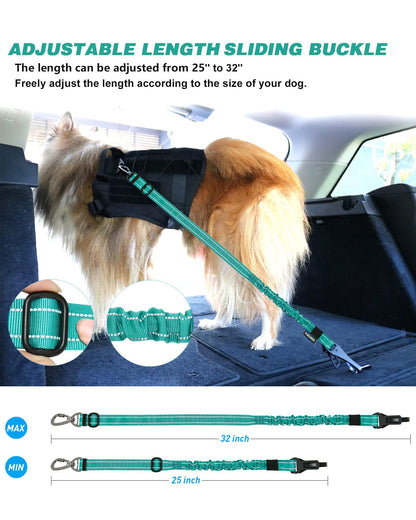 AUBELL Dog Seat Belt for Car,2 Pack Set 3-in-1 Adjustable Reflective Bungee Heavy Duty Dog Car Harness Tether with Clip Hook Latch & Buckle,Swivel Zinc Alloy Carabiner,Black+Teal
