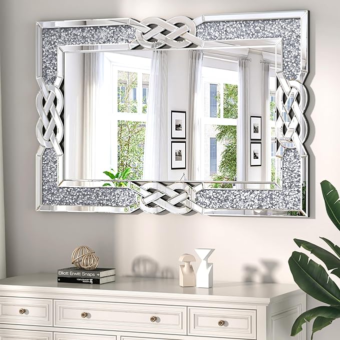 ENENE Crystal Crush Diamond Wall Mirror 39.5''x 27.5'' Rectangle Silver Mirrors for Wall Decorative Large Wall Mirrors for Bathroom Living Room Bedroom Entryway