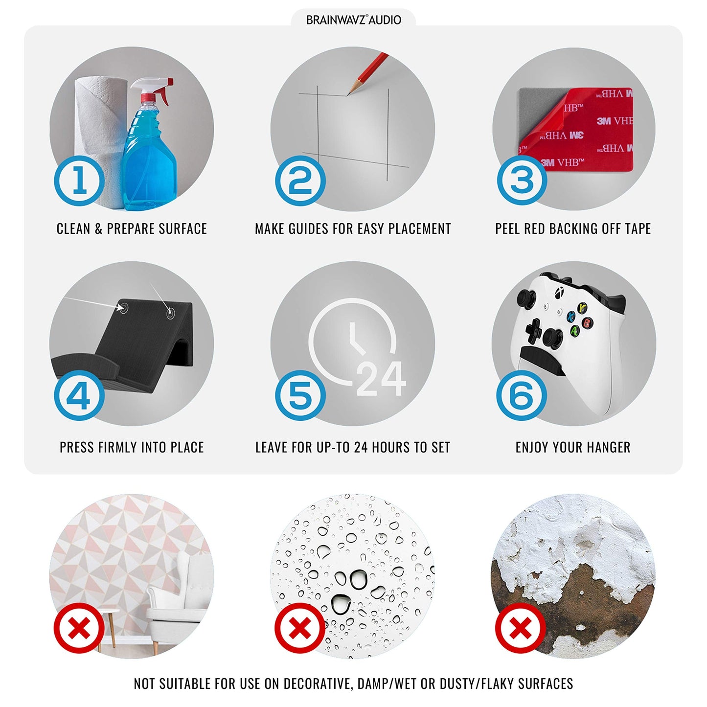 BRAINWAVZ Game Controller Holder Wall Mount Stand (4 Pack) For XBOX, PS5, SERIES X, ONE, PS4, PS3, SWITCH, NINTENDO, PC & MORE, Fits Latest & Retro Gamepads, Stick On, Easy To Install, UGC1