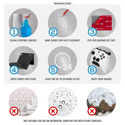 BRAINWAVZ Game Controller Holder Wall Mount Stand (2 Pack) For XBOX, PS5, SERIES X, ONE, PS4, PS3, SWITCH, NINTENDO, PC & MORE, Fits Latest & Retro Gamepads, Stick On, Easy To Install, UGC1