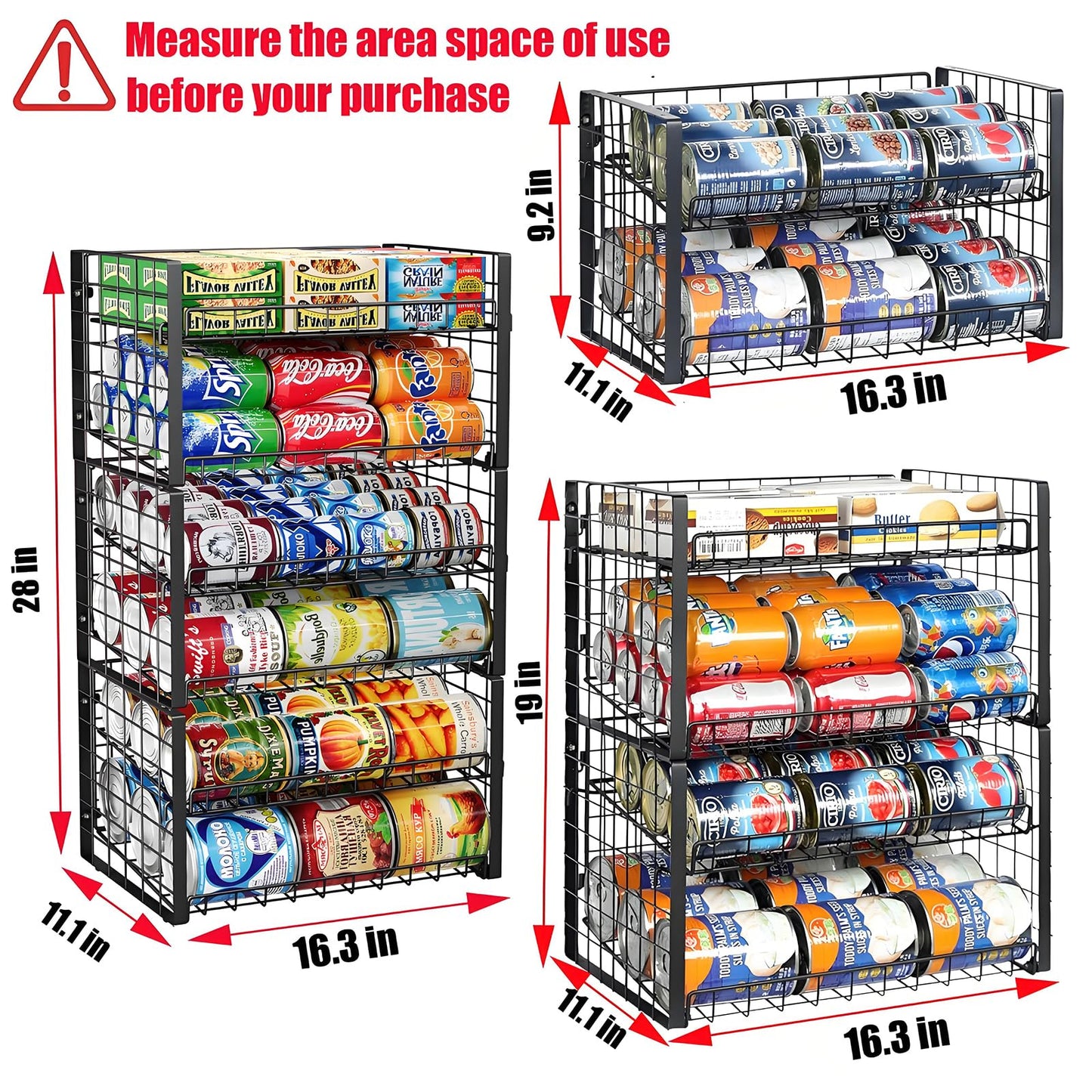 JKsmart 2-Tier Stackable Can Rack Organizer for Pantry, Adjustable Can Dispenser Holds Up to 62 Cans, Can Storage Holder for Various Ounces of Canned Food Soda Drinks, Black, 2 Pack (Petent Pending)