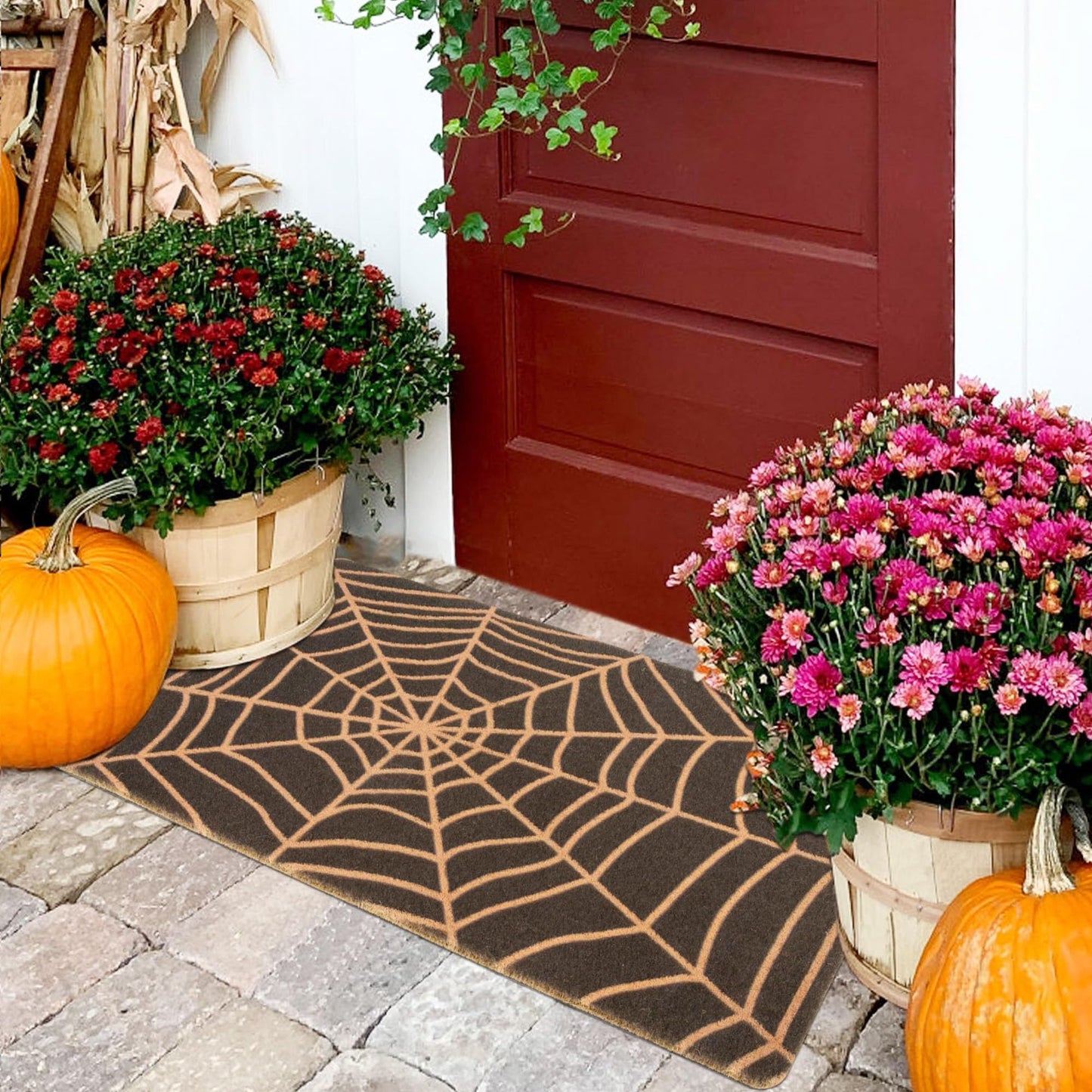CaySep Spider Web Dark Coir Doormat - Non-Slip Welcome Door Mat Halloween Decor Mat 17x29 inch Indoor Mat (Ghost, 17''x29'')