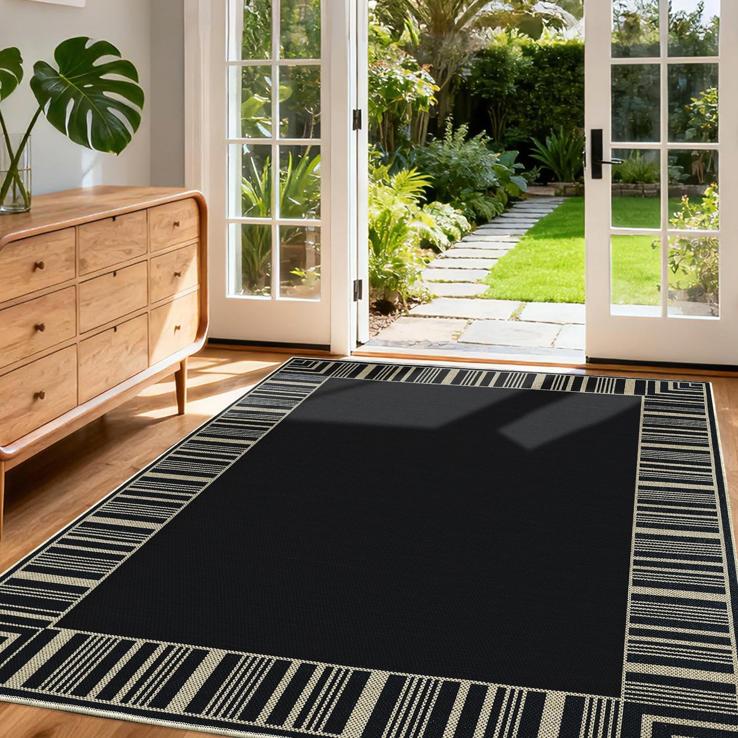 GarveeHome Striped Border Outdoor Rug 5x7 Area Rugs, Washable Rugs for Living Room Non Slip, Farmhouse Neutral Patio Carpet for Backyard Dining Room Balcony,Black
