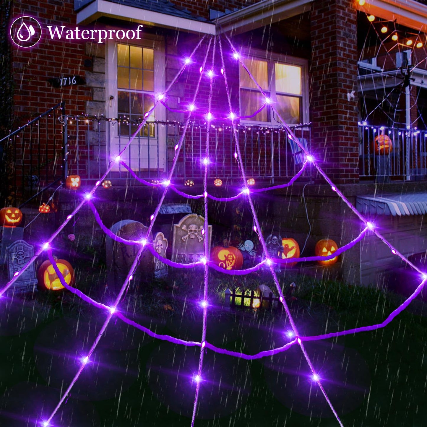 20*17FT Halloween Spider Web 150 Led Purple Lights Light Up Lighted Triangular Giant Battery Operated Waterproof with 200sqft Cobweb and 20 Small Spiders for Indoor and Outdoor Decor Yard Decoration