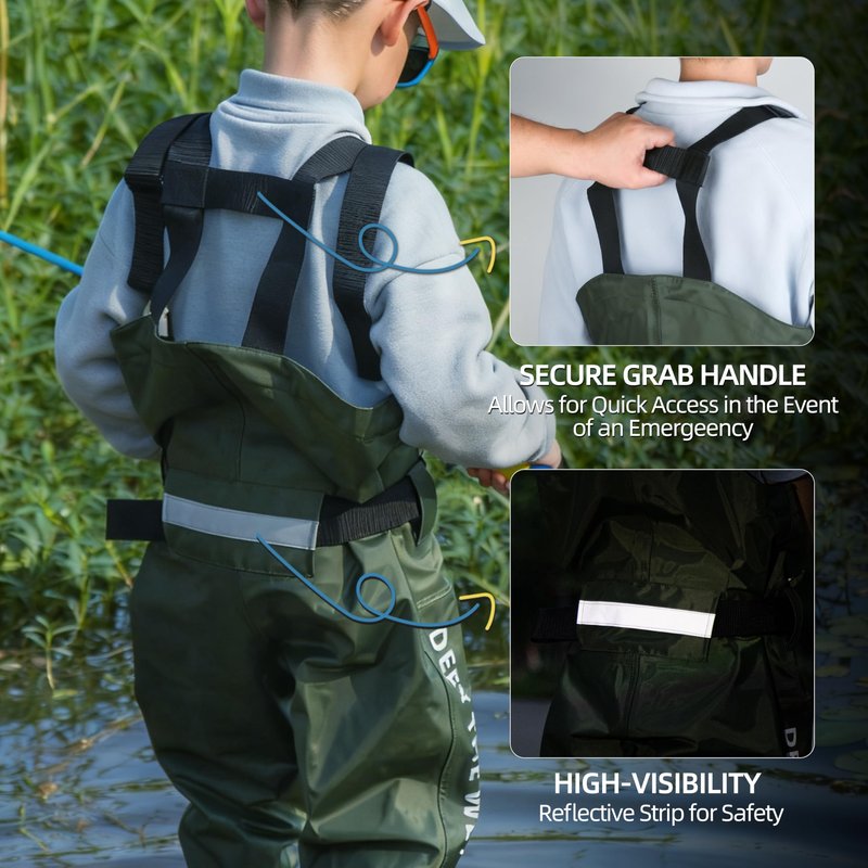 wasserflux Kids Chest Waders with Boots – Waterproof PVC Youth Waders with Reflective Strips & Reinforced Knees, Lightweight Fishing Waders, Green 8/9T