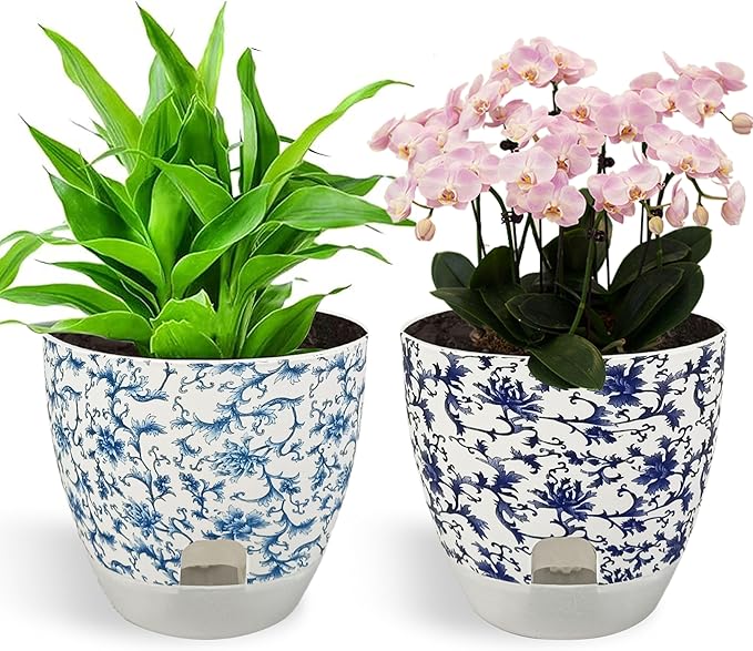 Print Flowerpots Round Plant Pots - 2 Pack Outdoor Garden Planter Plastic Indoor Modern Decorative Succulent Houseplant Pot with Drainage 5FP-BLUWHT