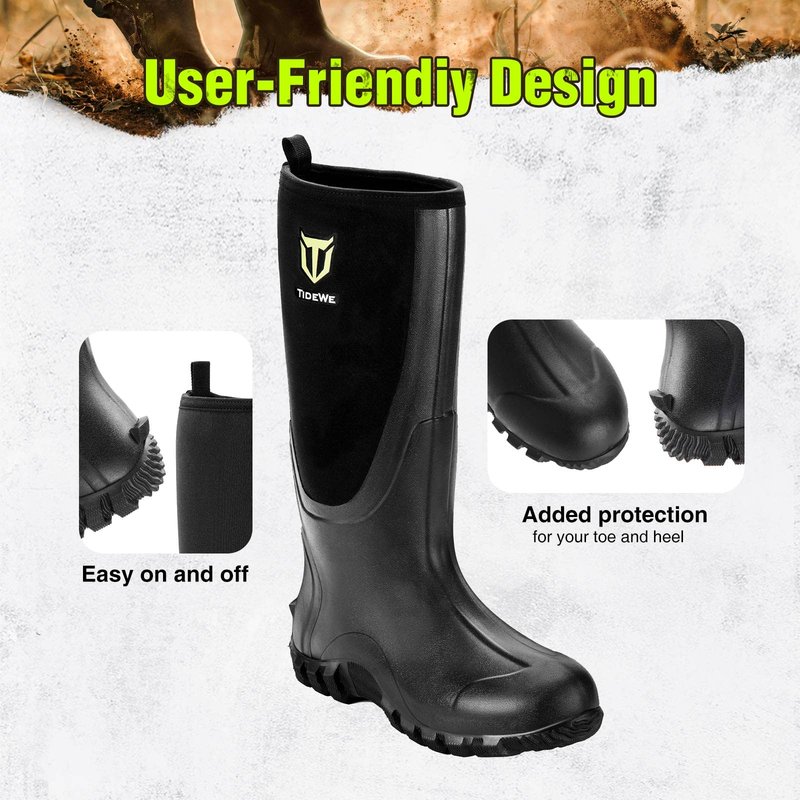 TIDEWE Rubber Boots for Men Multi-Season, Waterproof Rain Boots with Steel Shank, 6mm Neoprene Sturdy Rubber Outdoor Hunting Boots Size 9 (Black)