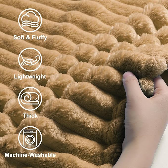 decorUhome Soft Fleece Brown Throw Blanket for Couch, Cozy Fluffy Plush Flannel Striped Blanket for Sofa Bed, Lightweight Decorative Ribbed Fuzzy Blanket for Woman, 50x60 Inches