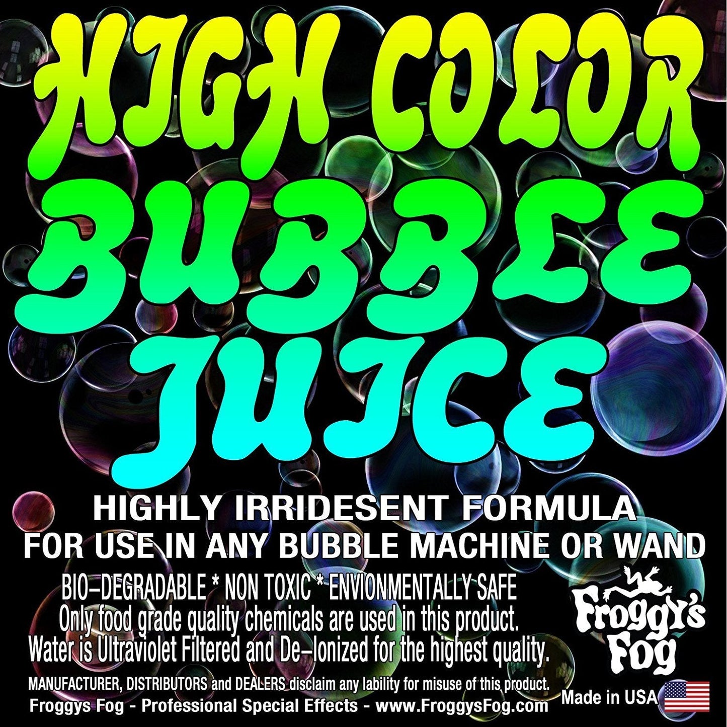 Froggy's Fog High Color Bubble Juice, Strong, Long-Lasting Bubble Solution Creates Iridescent Bubbles for Bubble Machines, Bubblers, and Bubble Wands, 1 Gallon