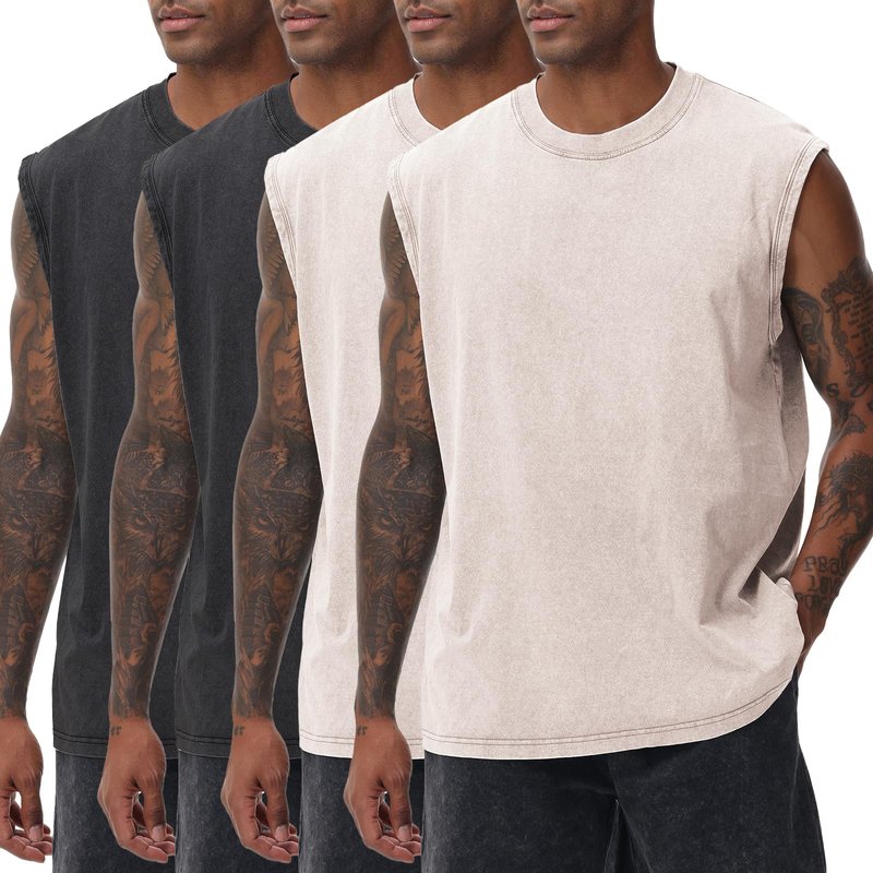 SnowElve 4 Pack Mens Workout Tank Tops Sleeveless Tee Shirts Men Muscle Shirt Gym Acid Wash T Shirts Running Beach Loose Fit Tee(BKBKBGBG,XL)