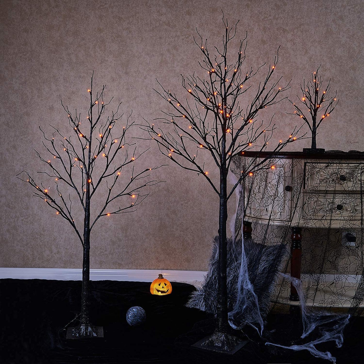 Hairui Lighted Tabletop Black Glittered Spooky Tree with Orange Lights 24 LED 18 Inches for Halloween Witch Decoration Battery Operated or USB Plug in Indoor Use