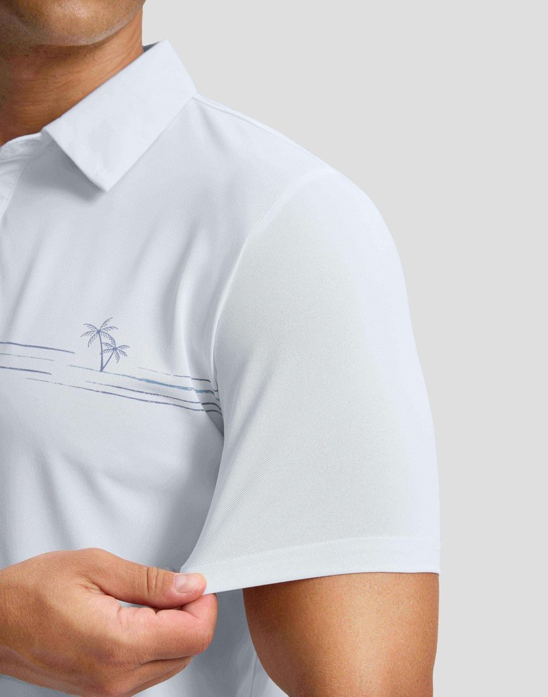 Men's Golf Shirts Dry Fit Moisture Wicking Performance Short Sleeve Collared Polo Shirts for Casual Tennis Bussiness (White Coco Tree, L)