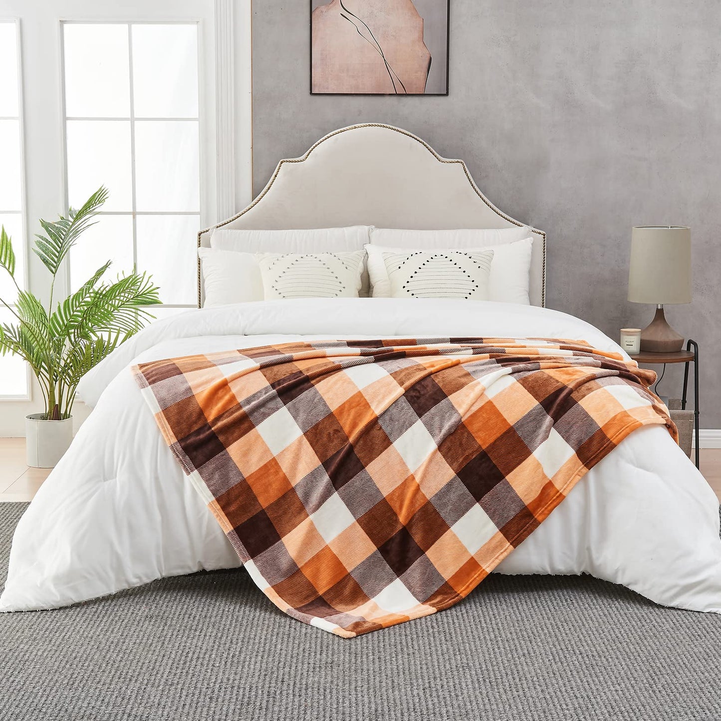SOCHOW Buffalo Plaid Flannel Fleece Throw Blanket 90 x 90 Inches, Soft Lightweight Cozy All Season Orange Checkered Blanket for Bed, Couch, Car