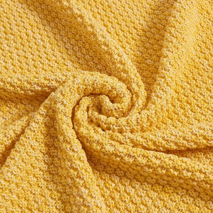 Longhui bedding Bright Yellow Knitted Throw Blanket for Couch, Soft, Cozy Machine Washable 100% Cotton Sofa Knit Blankets, Heavy 3.0lb Weight, 51 x 63 Inches, Yellow and White Color