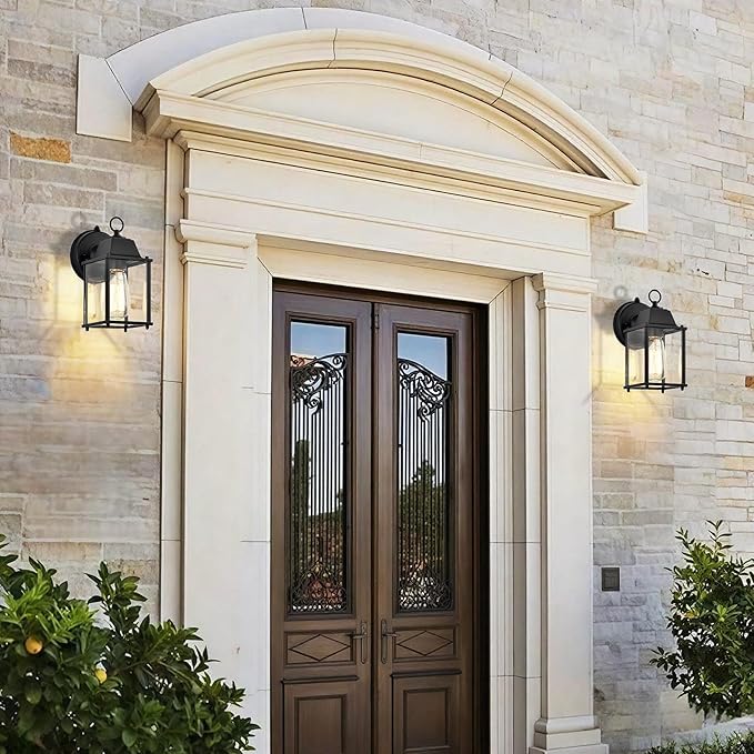 Dusk to Dawn Outdoor Wall Lights 2-Pack, Black Exterior Light Fixtures with Clear Glass, Waterproof Modern Porch Sconce Lanterns for Garage, Patio, Front Door, House (E26 Bulb Not Included)
