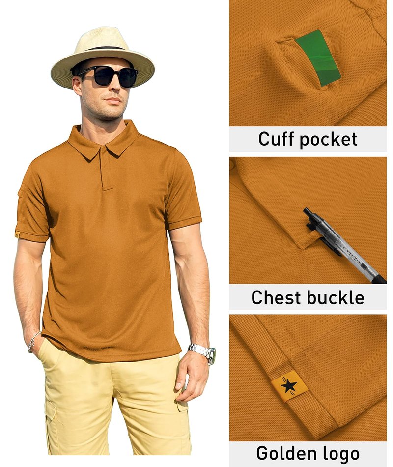 ZITY Mens Polo Shirt Short Sleeve Sports Tactical T-Shirt Athletic Golf Polos Daily Casual Stylish Collared Shirts for Men Light Orange Large