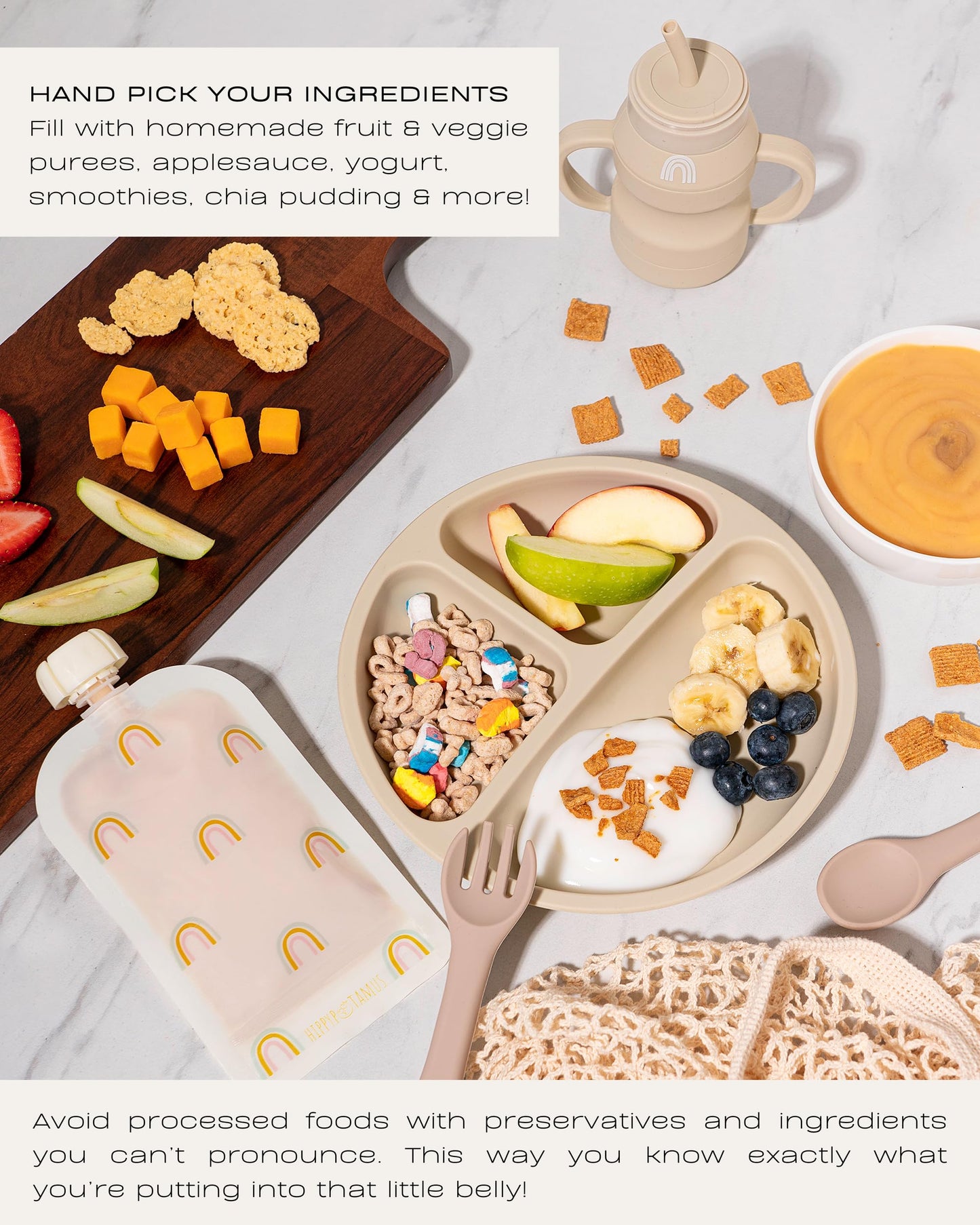 Hippypotamus Reusable Baby Food Pouches for Toddlers - BPA Free Food Grade - Dishwasher & Freezer Safe - Baby Food Containers - Refillable Squeeze Pouch for Applesauce & Yogurt - 12 Pack (Rainbows)