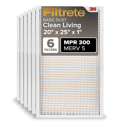 Filtrete 20x25x1 AC Furnace Air Filter, MERV 5, MPR 300, Capture Unwanted Particles, 3-Month Pleated 1-Inch Electrostatic Air Cleaning Filter, 6-Pack (Actual Size 19.69x24.69x0.81 in)