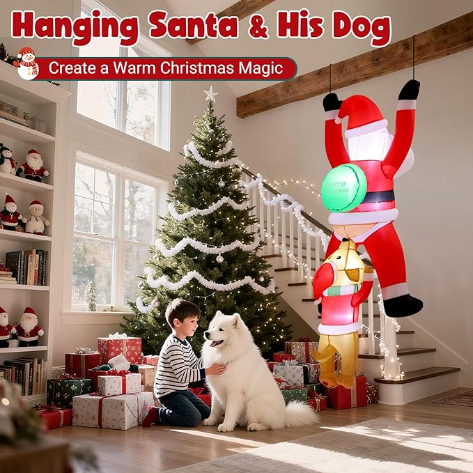 6FT Hanging Christmas Inflatables Outdoor, Climbing Santa with Dog Blow Up Roof Decor, Funny Built-in LED Lights Xmas Inflatable for Window Eaves Garden Yard Holiday Decorations