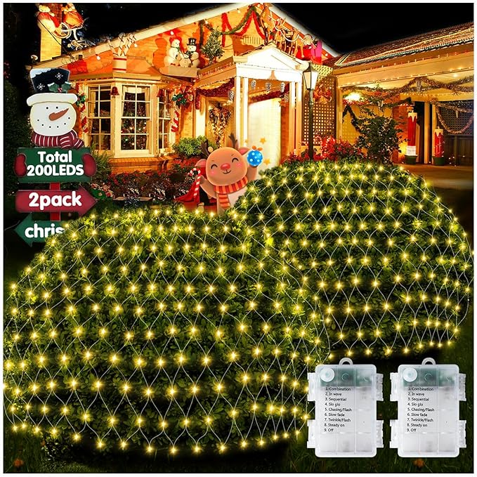 Hezbjiti Pack of 2 Battery Operated Christmas Lights Outdoor Total 200 LED 5FT x 3.3FT Waterproof Timed Memory Net Mesh Lights for Xmas Trees Bushes Garden Yard Lawn Patio Christmas Decor (Warm White)