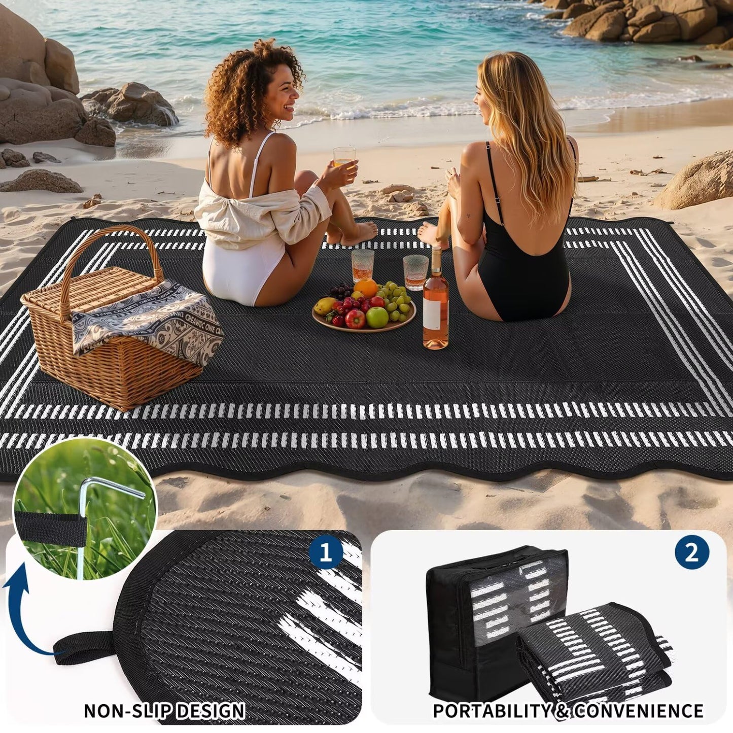 Garvee Waterproof Outdoor Rug 8x10, Scalloped Geometric Foldable Plastic Straw Patio Camping Rug, Outdoor RV Carpet for Deck Camper Porch Balcony Backyard Picnic Beach Black and White
