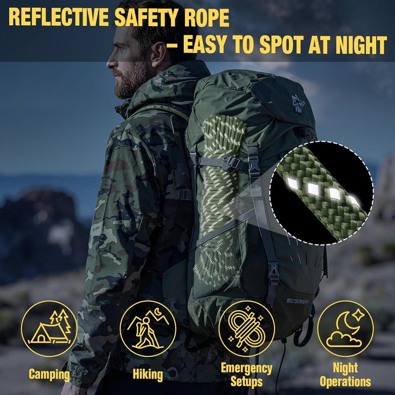 Reflective Paracord Rope - 750 lb Heavy Duty 50ft 12-Strand Parachute Cord | Army Green for Camping & Survival Gear