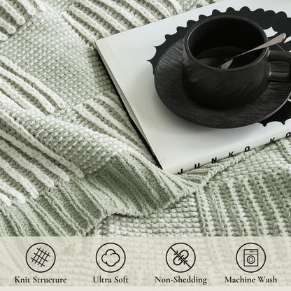 Amélie Home Chenille Knit Throw Blanket for Couch, Checkered Texture Decorative Soft Blanket for Sofa, Bed & Living Room, 50"x60", Sage Green & White