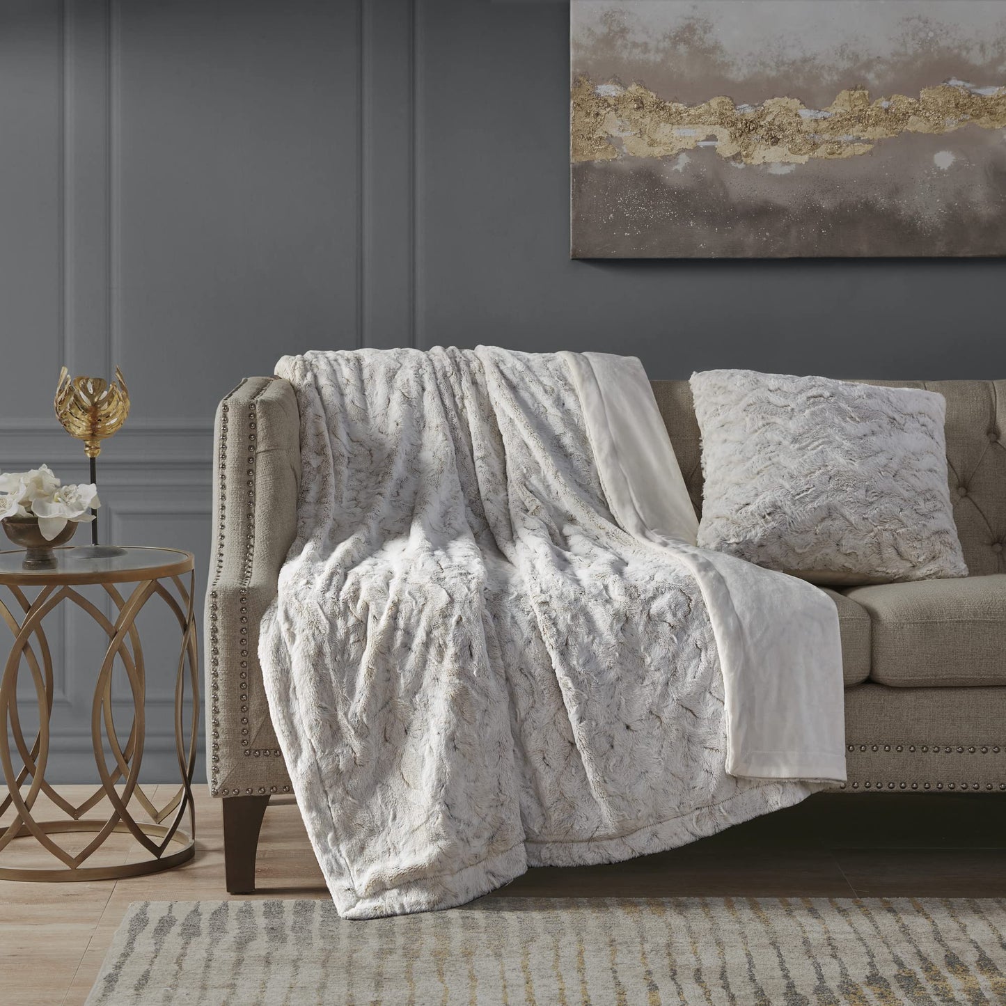 Madison Park Zuri Faux Fur Ombre Stripe Ultra Soft Luxury Decorative Throw Pillows, For Couch Bed With Insert, 20" x 20", Grey