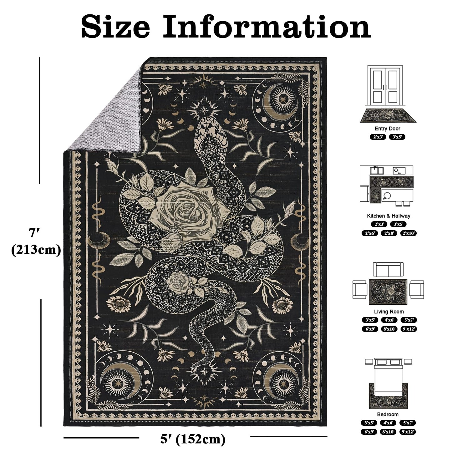 Yinhua Snake Living Room Rug 5x7 Rug Washable Gothic Rugs Non Slip, Soft Area Rugs Low Pile, Faux Wool Goth Carpet for Living Room, Bedroom, Dining Room, Black