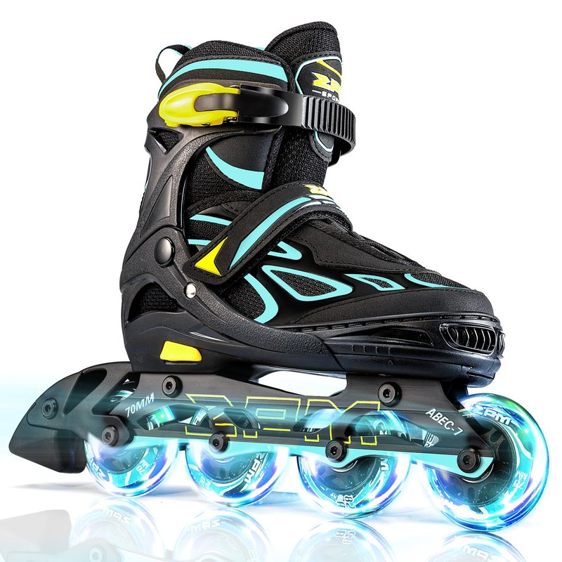 2PM SPORTS Vinal Girls Adjustable Flashing Inline Skates, All Wheels Light Up, Fun Illuminating Skates for Kids and Men - Cyan Small (11C-13C US)