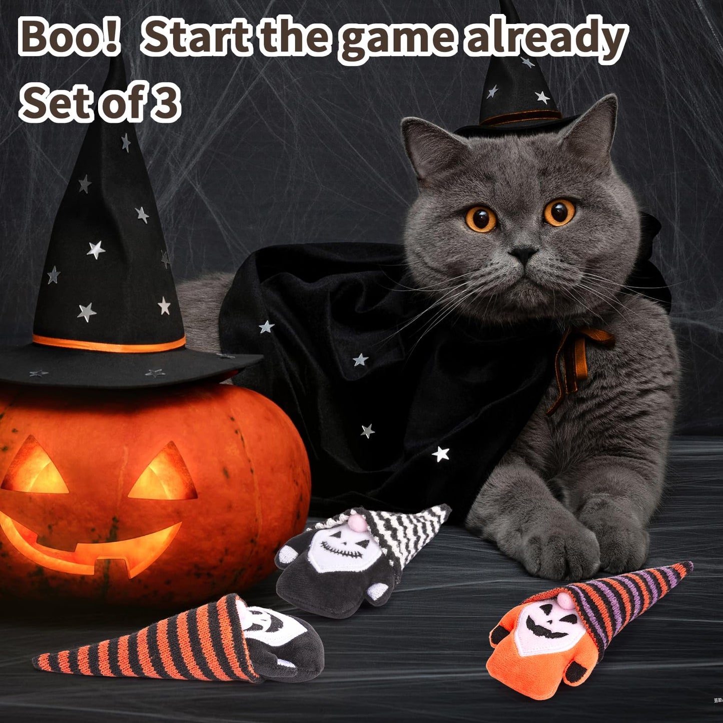 Retro Shaw Cat Toys, Halloween Gnomes 3Pcs, Crinkle Sound Catnip Toys for Indoor Cats Kitten, Interactive Cat Nip Chew Kitty Kicker Toy for All Breeds