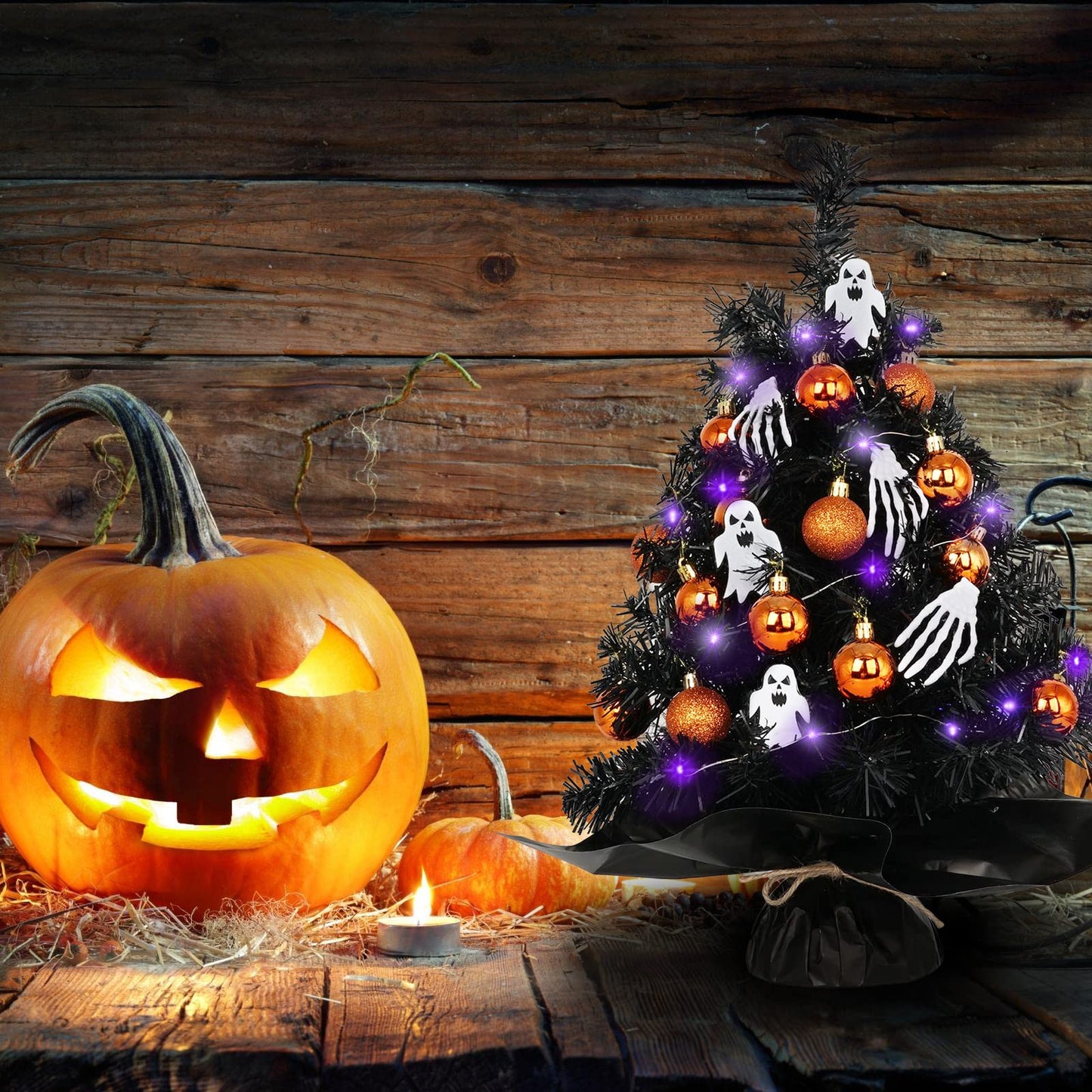 20" Mini Halloween Tree Black Tree Artificial Mini Halloween Tree with Purple LED Lights, Orange Balls Ornaments, Skeleton Hand and Ghost Decorations for Halloween Tabletop Decoration