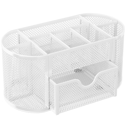 EasyPAG Mesh Desk Organizer, Multi-functional Stationery Organizer for School Supplies, Office Pen Holder for Desk, 9 Compartments Dorm Organization with Drawer, White