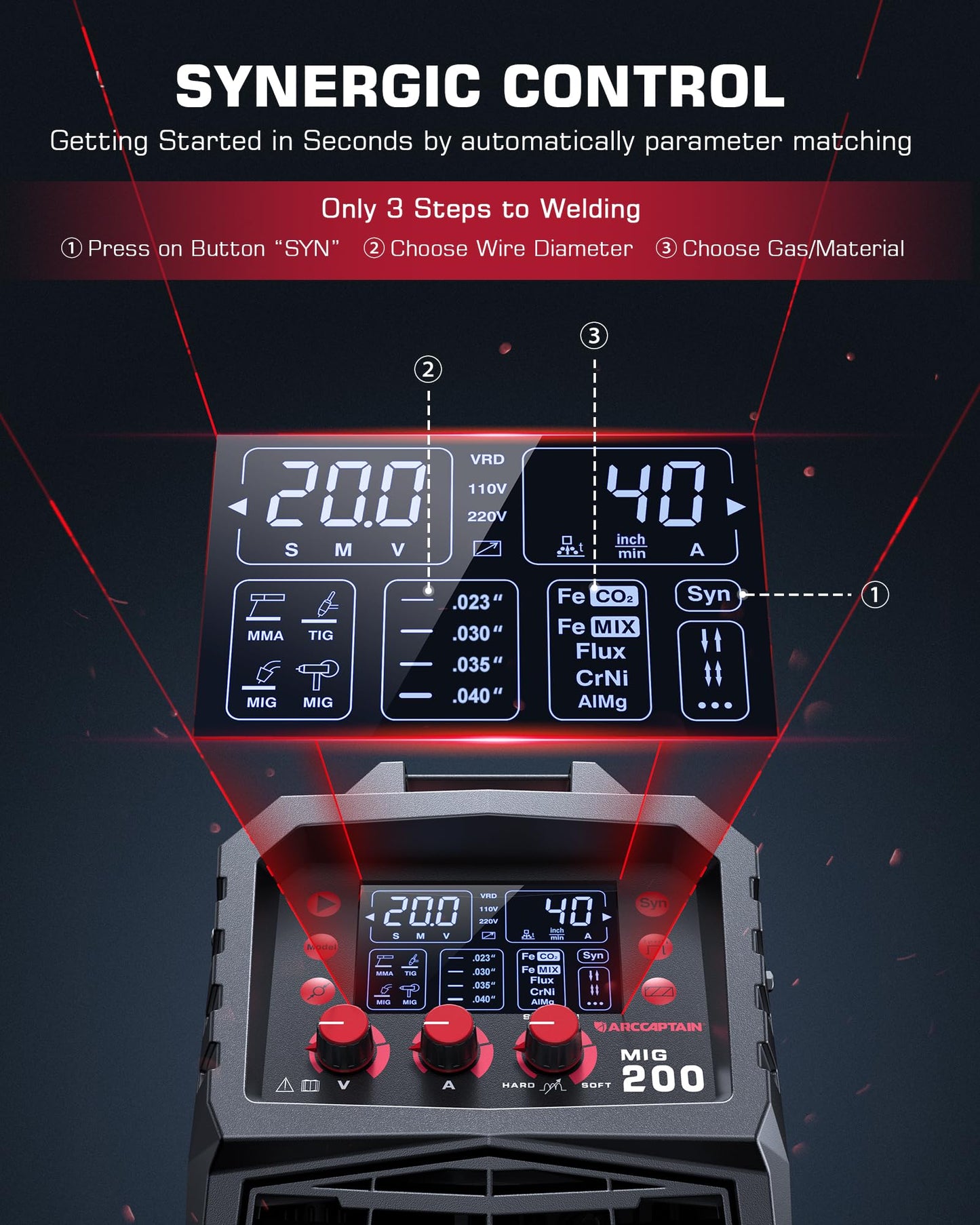 ARCCAPTAIN MIG Welder, 200Amp 6 in 1 Gas MIG/Gasless Flux Core MIG/Stick/Lift TIG/Spot welding/Spool Gun 110V/220V Aluminum Multi Process Welding Machine with LED Digital Display, Burn Back Adjustment