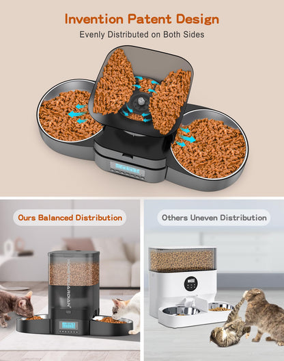 HoneyGuaridan 3.5L Automatic Cat Feeder for Two Cats, Food Dispenser with Stainless Steel Bowl,Timed Cat Feeder Programmable 1-6 Meals Control, Dual Power Supply,10s Meal Call Black