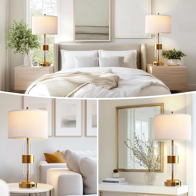 QiMH Gold Table Lamp for Living Room with USB A+C Ports, Bedside Lamps for Bedrooms with Touch Control USB Ports, Modern Nightstand Lamp White Lamp Shade Home Light Decor (2700K LED Bulb Included)