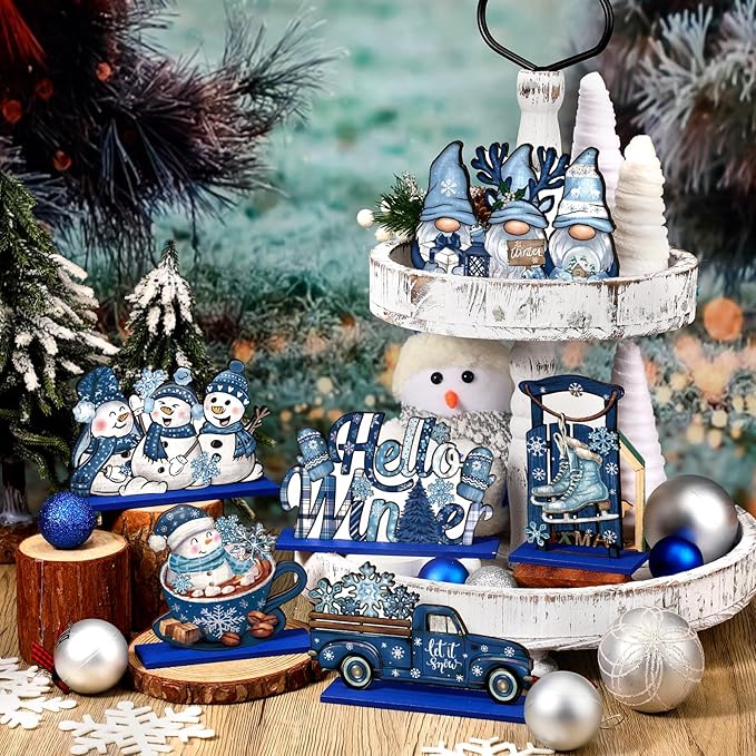 Realspring 6 Pcs Wooden Winter Table Decor Blue Winter Tiered Tray Decor Wood Decorative Gnome Snowman Truck Signs Hello Centerpieces for Kitchen Office Home