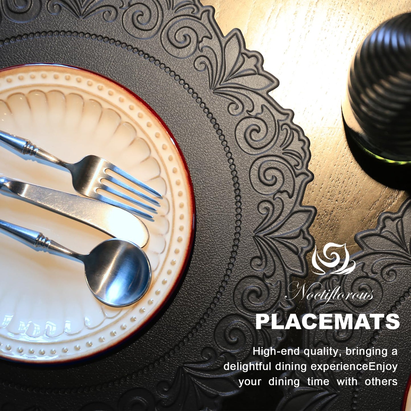 Noctiflorous Round Faux Leather 15 Inch Placemats Set of 6 Waterproof Wipeable Heat Resistant Tablemat for Dining Table Kitchen Non Slip Washable Oilproof Table Place Mat for Indoor Outdoor(Black, 6)