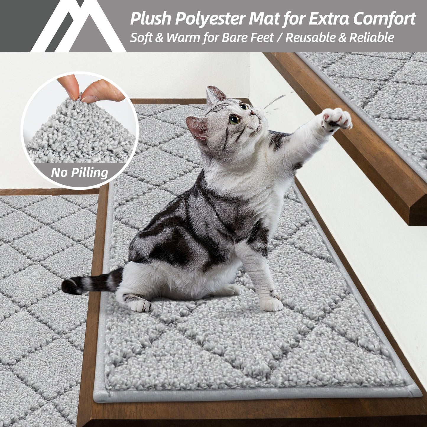 COSY HOMEER Edging Stair Treads Non-Slip Carpet Mat 28inX9in Indoor Stair Runners for Wooden Steps, Edging Stair Rugs for Kids and Dogs, 100% Polyester TPE Backing (15pc, Grey)