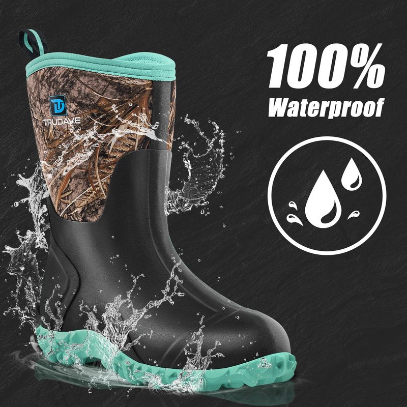 Trudave Rubber Boots for Women with Steel Shank, 6mm Neoprene Mid Calf Rain Boots, Waterproof Insulated Mud Work Boots All Season, Green, Size 5