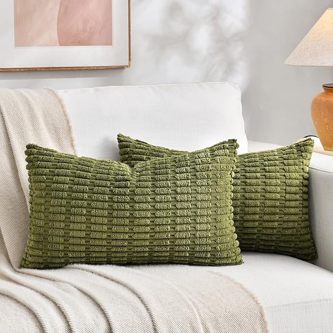 Fancy Homi 1 Pack Boho Moss Green Decorative Throw Pillow Covers 14x24 Inch for Couch Bed Sofa, Rustic Modern Farmhouse Home Decor, Soft Plush Corduroy Cute Rectangle Cushion Case 35x60 cm