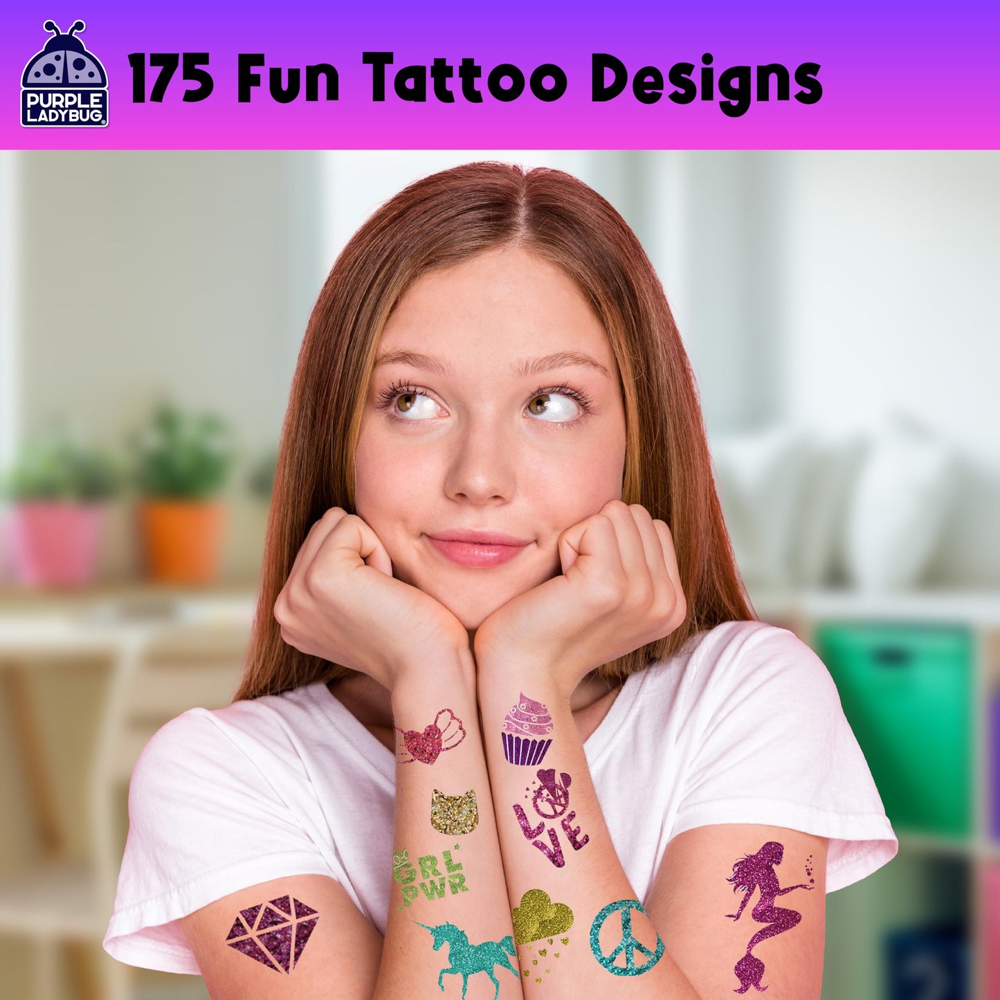 Purple Ladybug Glitter Tattoos for Kids - Includes 9 Colors, 175 Safe Temporary Tattoos Design - 5 Year Old Girls Gifts - Girls Birthday Presents - DIY Arts and Crafts Gift for Girls Aged 5-12