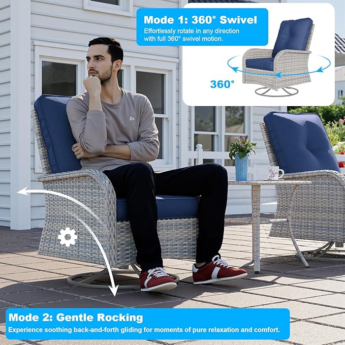 13-Piece Patio Furniture Set, Outdoor Patio Furniture with Swivel Chairs Set, Ottomans, 55,000 BTU Fire Pit Table, Modular Patio Sofa, Dual-Strand Wicker Rattan, Rust-Resistant Frame, Navy Blue