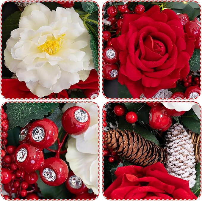 Prelit Christmas Wreaths for Front Door 24 Inch Holiday Wreath with Red Roses, White Peonies, Red Berries, Greenery & Velvet Bow Christmas Door Wreath Indoor Outdoor