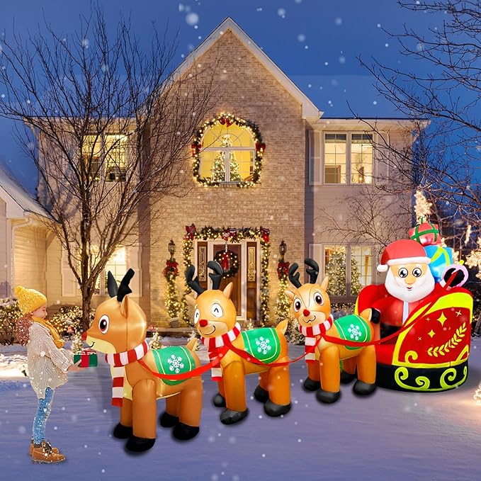 Giant Inflatable Outdoor Decoration Santa Claus on Sleigh with 3 Reindeer, Built-in LED Light, Christmas Decorations for Lawn Party Holiday